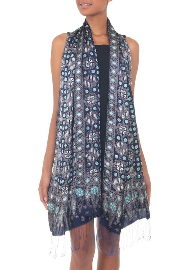 Alternate image for Blue Batik Silk Patterned Shawl Royal Art