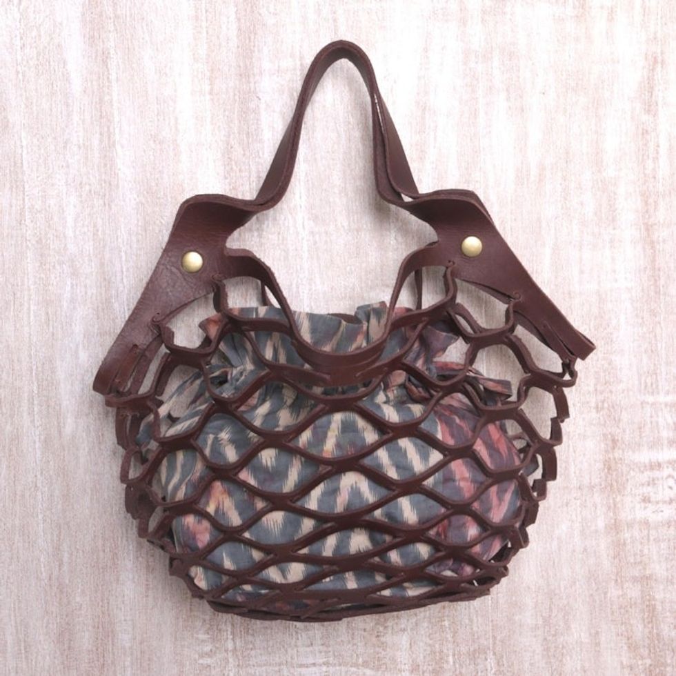 Brown Leather Shoulder Bag with Chevron Print Cotton Lining 'Sea Green Nest'