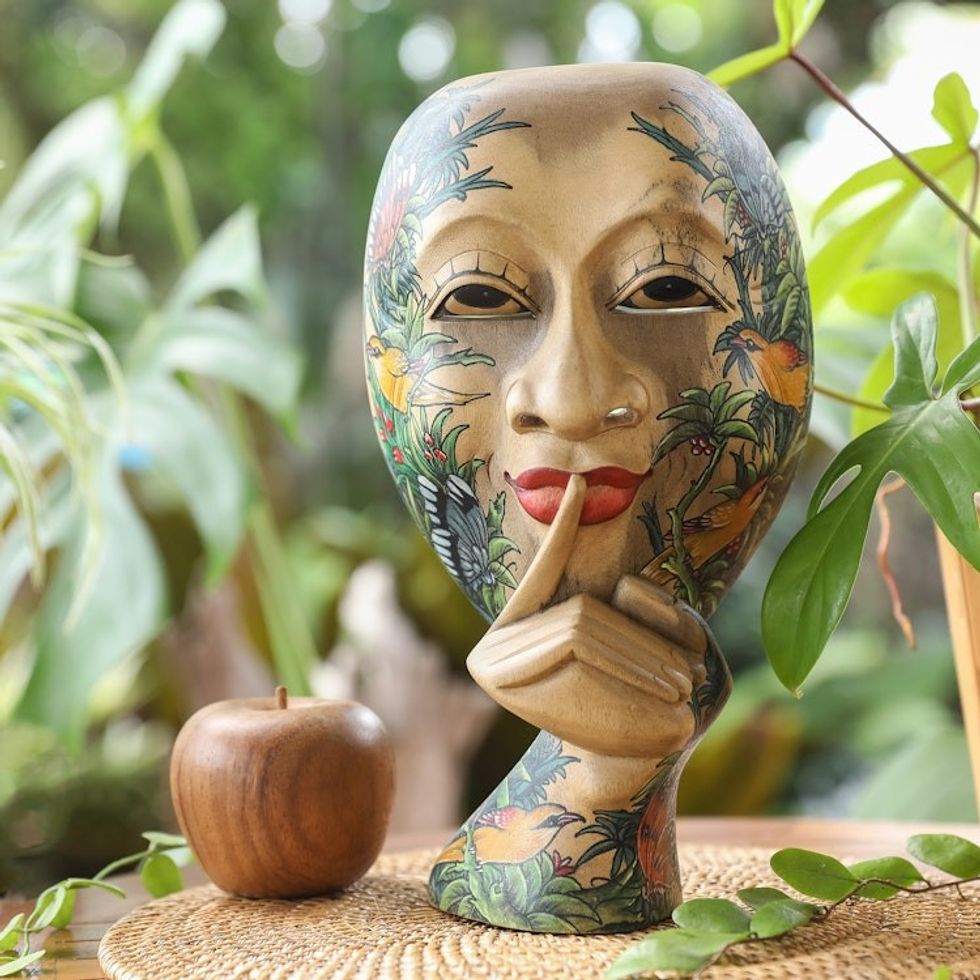 Hand-Painted Leaf and Animal-Themed Woman's Face Wood Mask 'Secret Thought'
