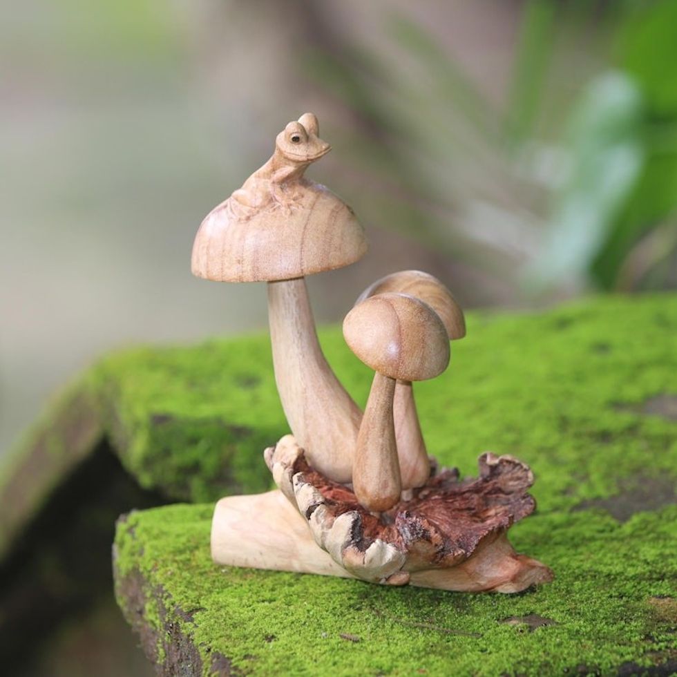 Hand-Carved Jempinis Wood Tree Frog Mushroom Sculpture 'Resting Tree Frog'