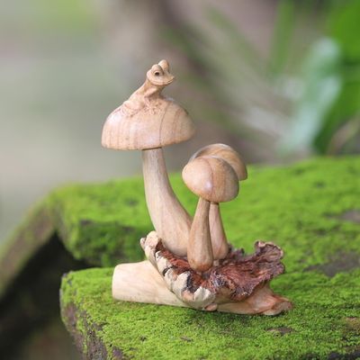 Alternate image for Hand-Carved Jempinis Wood Tree Frog Mushroom Sculpture Resting Tree Frog