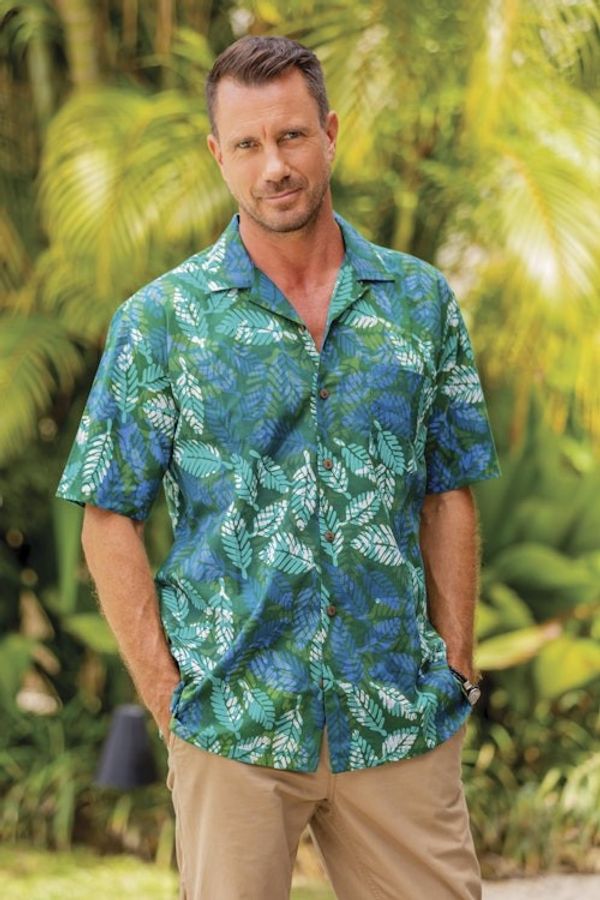Alternate image for Mens Short-Sleeved Green Cotton Batik Shirt from Bali Green Leaf Shadows