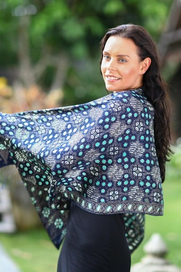 Alternate image for Blue Batik Silk Patterned Shawl Royal Art