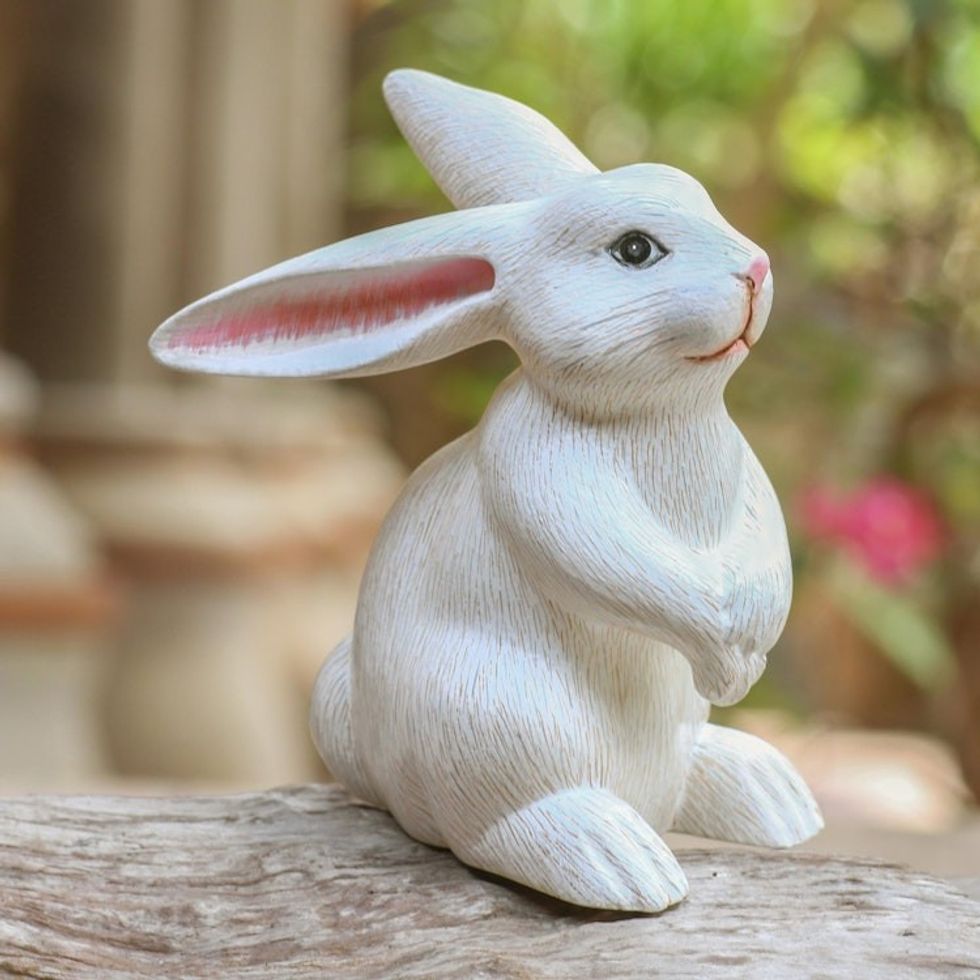 Cute Hand Carved White Rabbit Sculpture 'Adorable Rabbit in White'