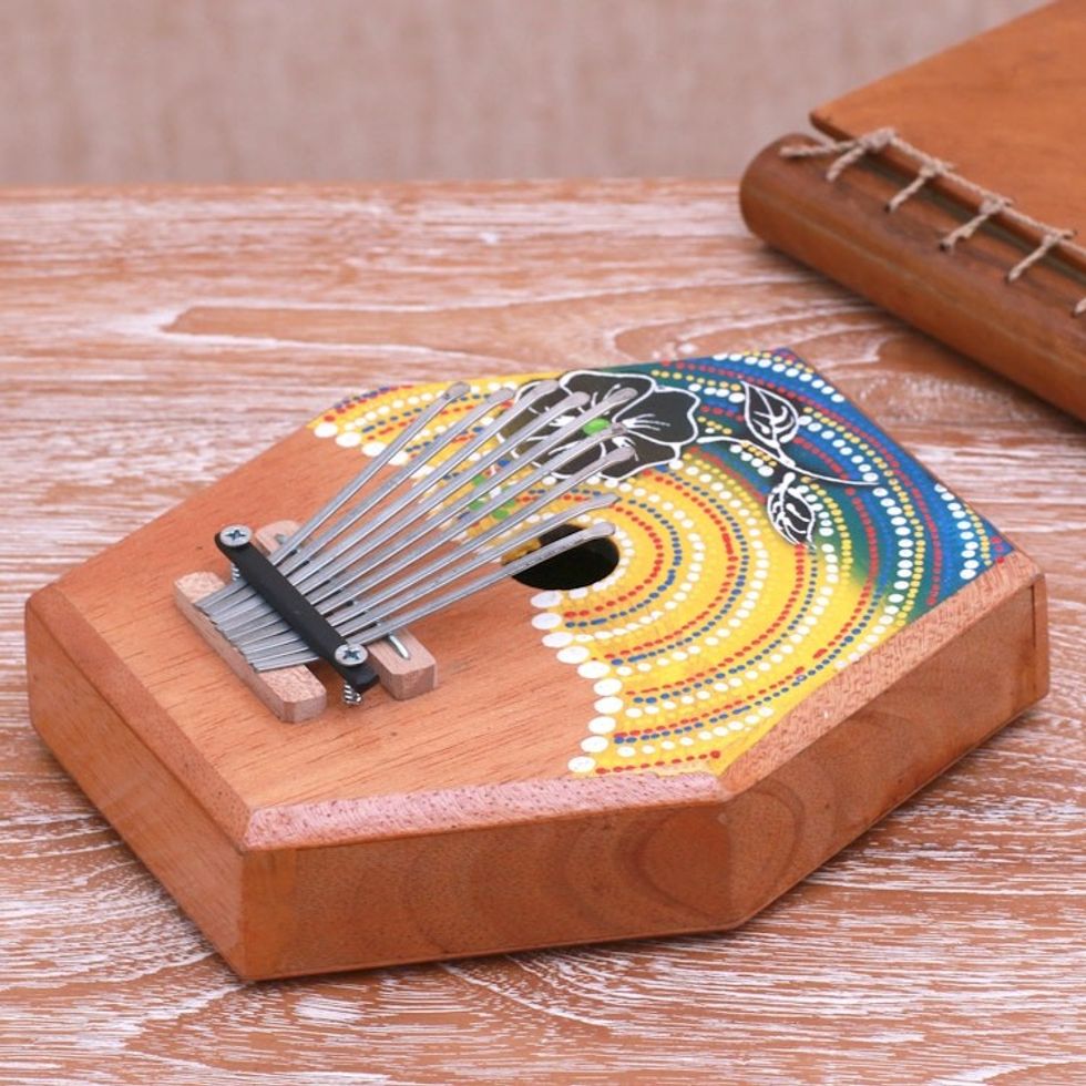 Handcrafted Floral Teak Wood Kalimba Thumb Piano from Bali 'Hibiscus Melody'