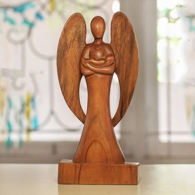 Alternate image for Hand Carved Wood Angel and Baby Sculpture Guardian Angel