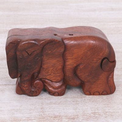 Alternate image for Hand Carved Wood Puzzle Box Elephant Shape from Indonesia Staring Elephant