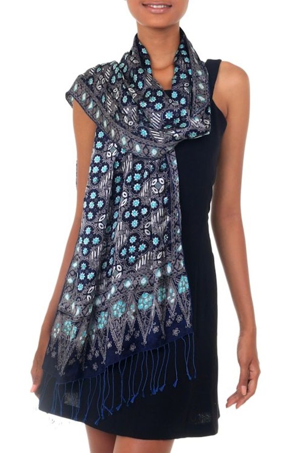 Alternate image for Blue Batik Silk Patterned Shawl Royal Art