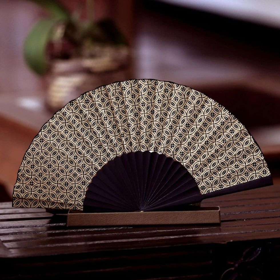 Indonesian Batik Silk Patterned Fan 'Golden Rings'