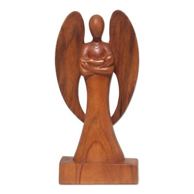 Alternate image for Hand Carved Wood Angel and Baby Sculpture Guardian Angel