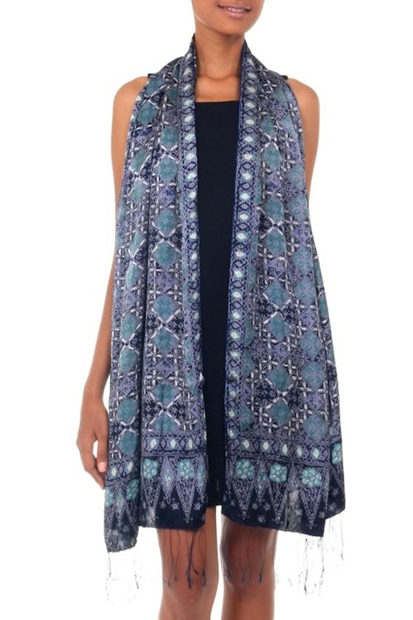 Alternate image for Blue Batik Silk Patterned Shawl Royal Art