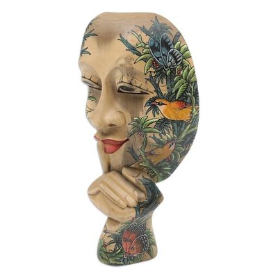 Alternate image for Hand-Painted Leaf and Animal-Themed Womans Face Wood Mask Secret Thought