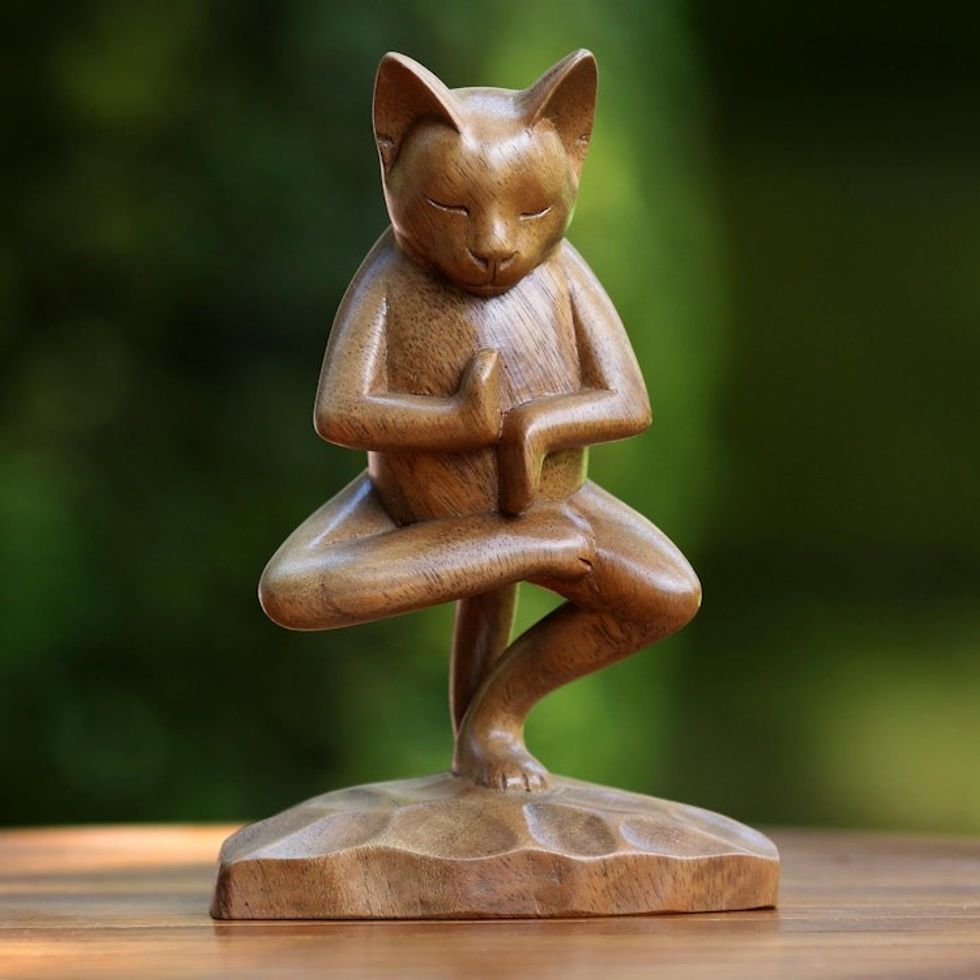 Handcrafted Indonesian Wood Cat Sculpture 'Vrkasana Yoga Kitty'