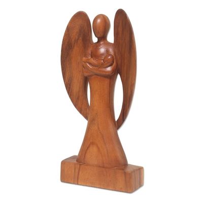 Alternate image for Hand Carved Wood Angel and Baby Sculpture Guardian Angel