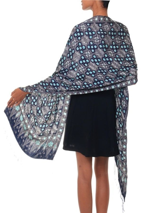 Alternate image for Blue Batik Silk Patterned Shawl Royal Art