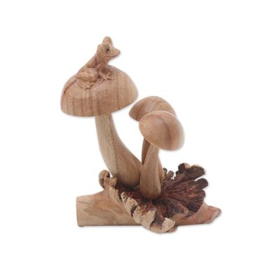 Alternate image for Hand-Carved Jempinis Wood Tree Frog Mushroom Sculpture Resting Tree Frog