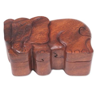 Alternate image for Hand Carved Wood Puzzle Box Elephant Shape from Indonesia Staring Elephant