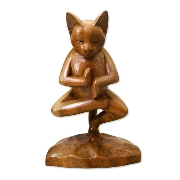 Alternate image for Handcrafted Indonesian Wood Cat Sculpture Vrkasana Yoga Kitty