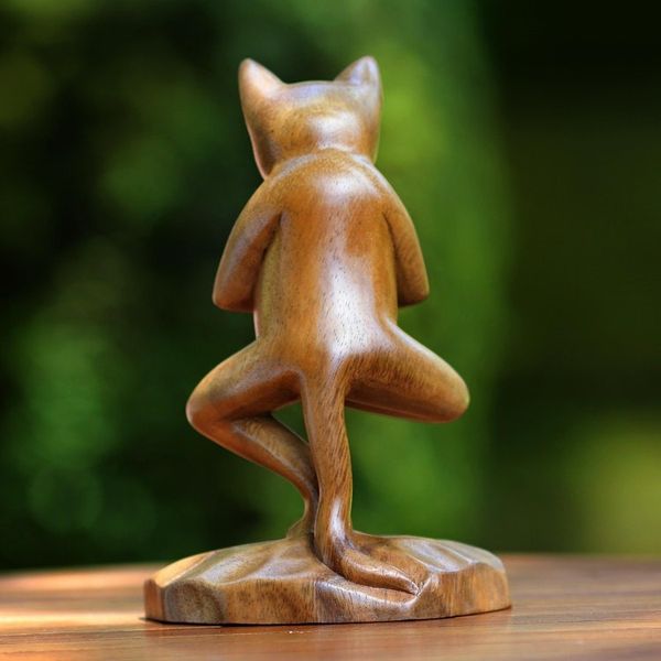 Alternate image for Handcrafted Indonesian Wood Cat Sculpture Vrkasana Yoga Kitty