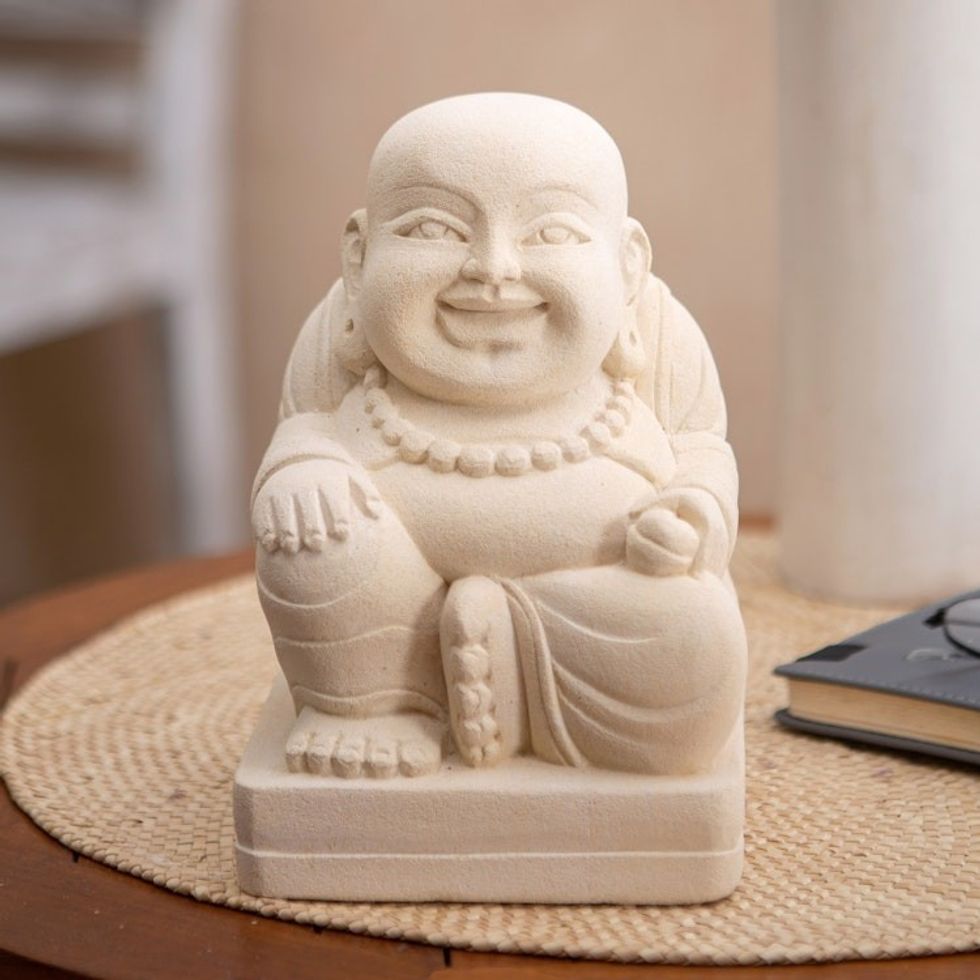 Handmade Sandstone Statuette with Buddha Motif 'Seeking Fortune'