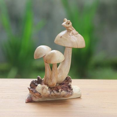 Alternate image for Hand-Carved Jempinis Wood Tree Frog Mushroom Sculpture Resting Tree Frog