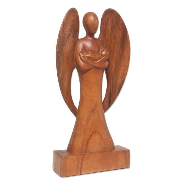 Alternate image for Hand Carved Wood Angel and Baby Sculpture Guardian Angel