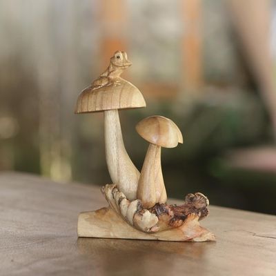 Alternate image for Hand-Carved Jempinis Wood Tree Frog Mushroom Sculpture Resting Tree Frog