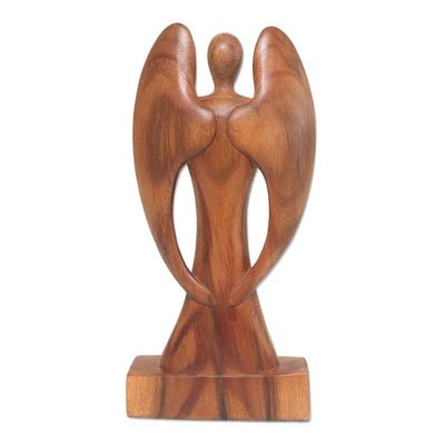 Alternate image for Hand Carved Wood Angel and Baby Sculpture Guardian Angel