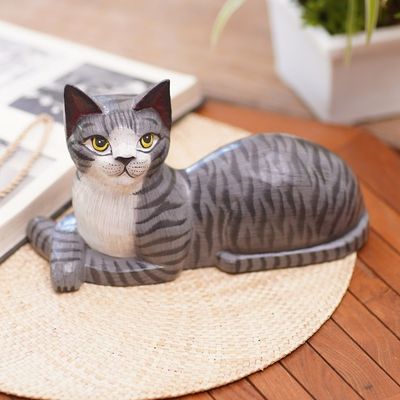 Alternate image for Artisan Crafted Albesia Wood Cat Statuette Home Companion