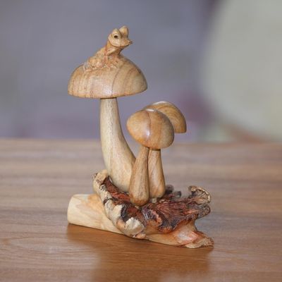 Alternate image for Hand-Carved Jempinis Wood Tree Frog Mushroom Sculpture Resting Tree Frog