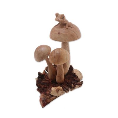 Alternate image for Hand-Carved Jempinis Wood Tree Frog Mushroom Sculpture Resting Tree Frog
