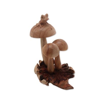 Alternate image for Hand-Carved Jempinis Wood Tree Frog Mushroom Sculpture Resting Tree Frog