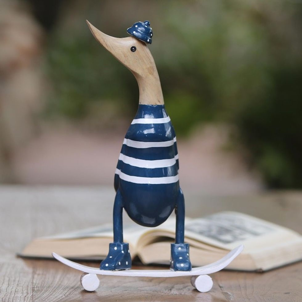 Acacia Wood and Bamboo Root Skateboarder Duck Sculpture 'Skateboard Duck'