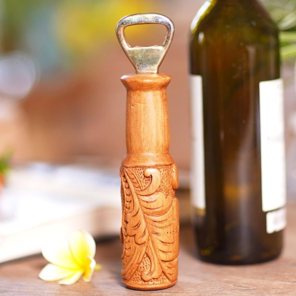 Hand Carved Wood Bottle Opener with Leaf Motif from Bali 'Bottles Up'