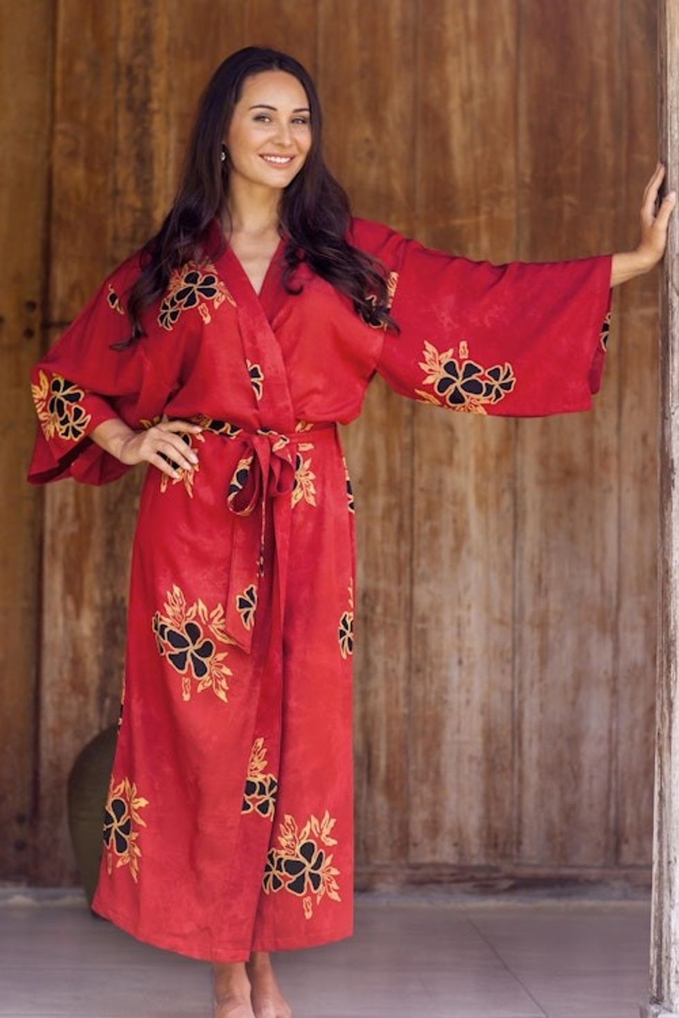 Hand Made Batik Robe from Indonesia 'Hibiscus Red'