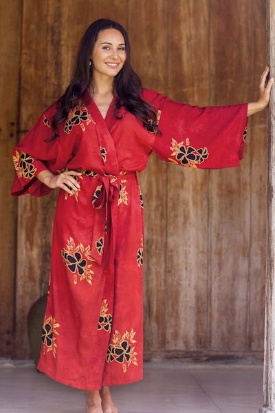 Alternate image for Hand Made Batik Robe from Indonesia Hibiscus Red