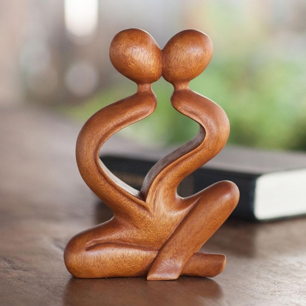 Romantic Wood Sculpture 'Heartfelt Kiss'