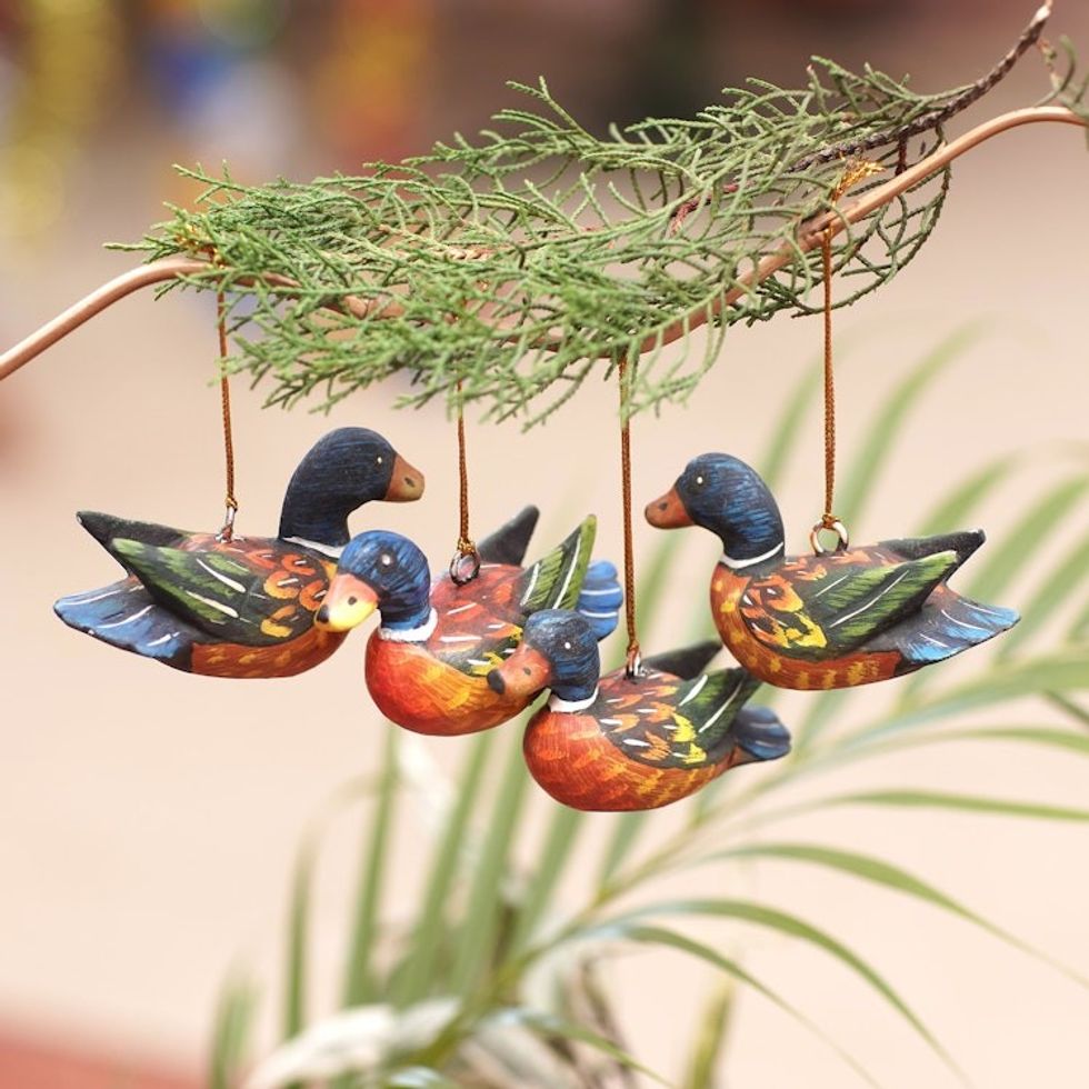 Handcrafted Jempinis Wood Duck Ornaments Set of 4 'Dazzling Plumage'