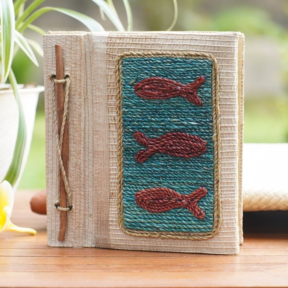 Hand-Crafted Eco-Friendly Natural Fiber Fish-Themed Journal 'Swerving Fish'