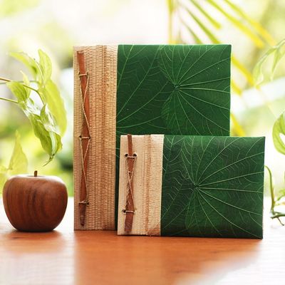 Alternate image for Handcrafted Pair of Rice Paper Notebooks from Indonesia Autumn Spirit in Green
