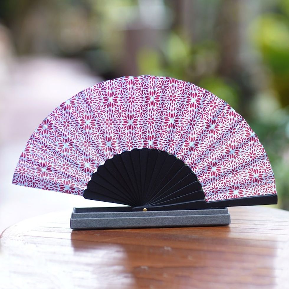 Unique Silk Batik Fan with Floral Print 'Aster Blue'