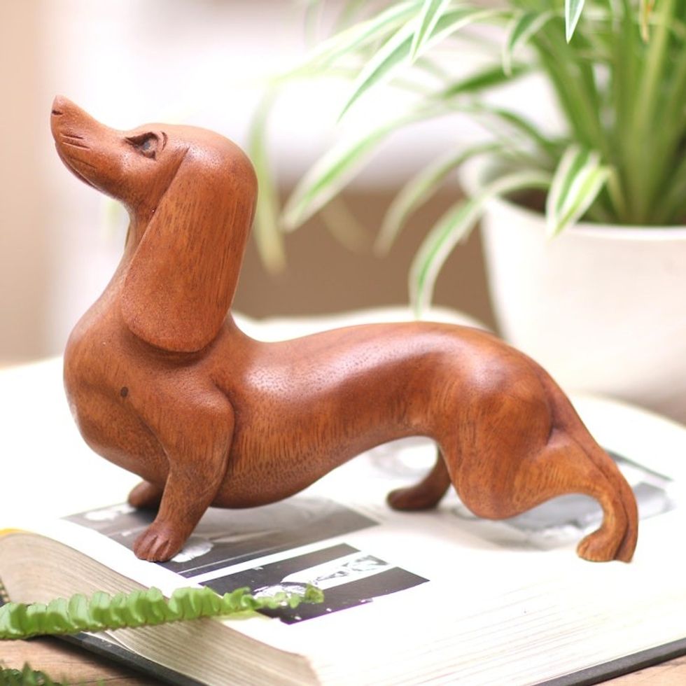 Handmade Suar Wood Dachshund Statuette 'Dachshund Puppy'