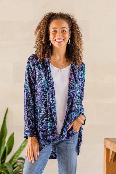 Alternate image for Black and Royal Blue Floral Batik Long Kimono Jacket Batik Garden