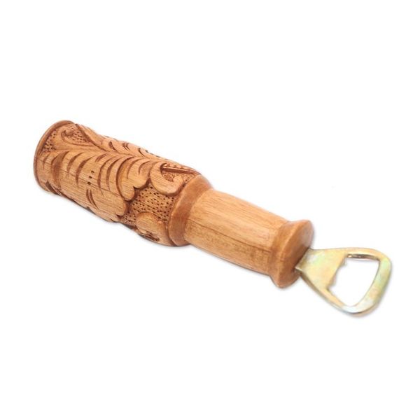 Alternate image for Hand Carved Wood Bottle Opener with Leaf Motif from Bali Bottles Up