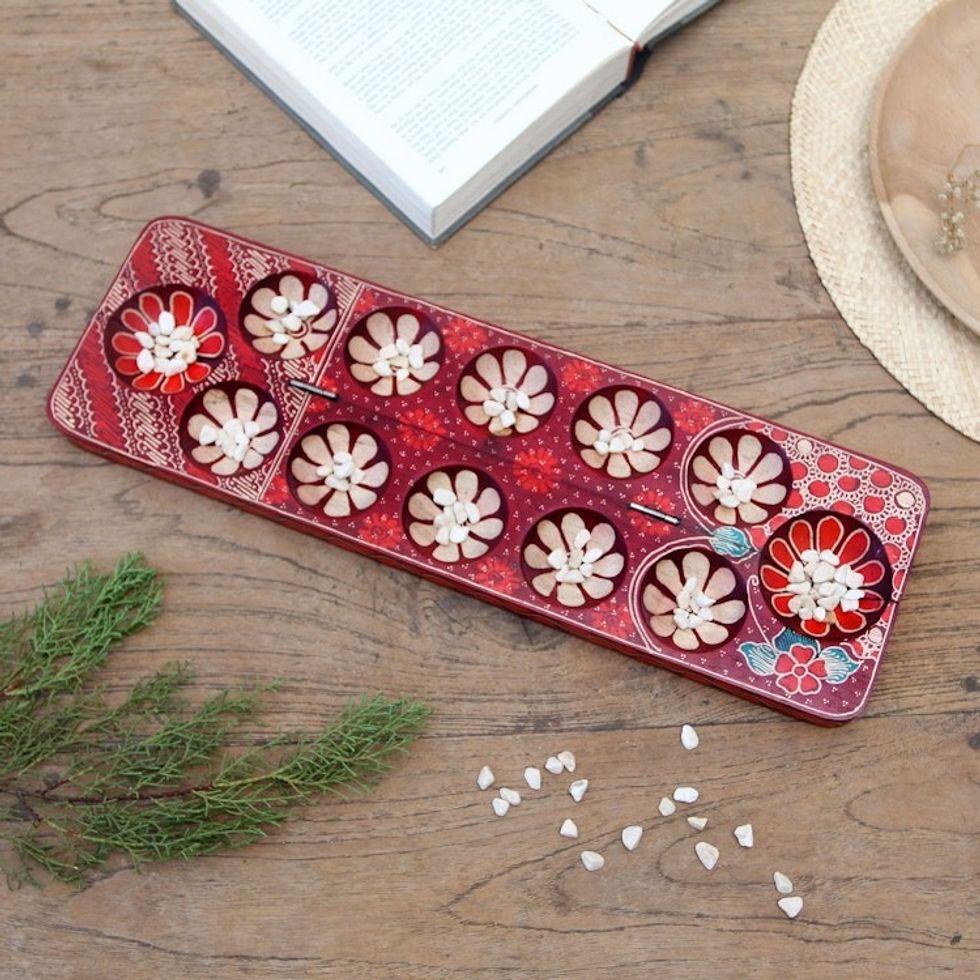 Batik Wood Mancala Game Handcrafted with Red Tones 'Cunning Red Flowers'