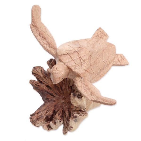 Alternate image for Jempinis and Benalu Wood Sea Turtle Figurine from Bali Swimming Turtle