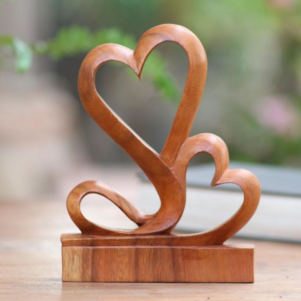 Carved Wood Romantic Sculpture 'Two Hearts'