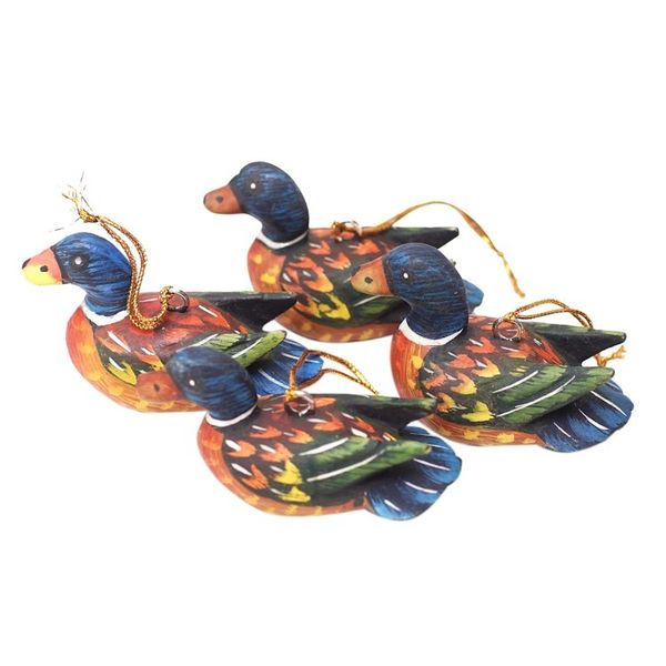 Alternate image for Handcrafted Jempinis Wood Duck Ornaments Set of 4 Dazzling Plumage