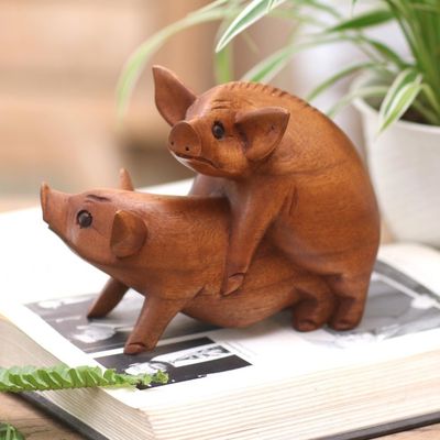 Alternate image for Hand Carved Suar Wood Pig Statuette Honeymoon Pigs