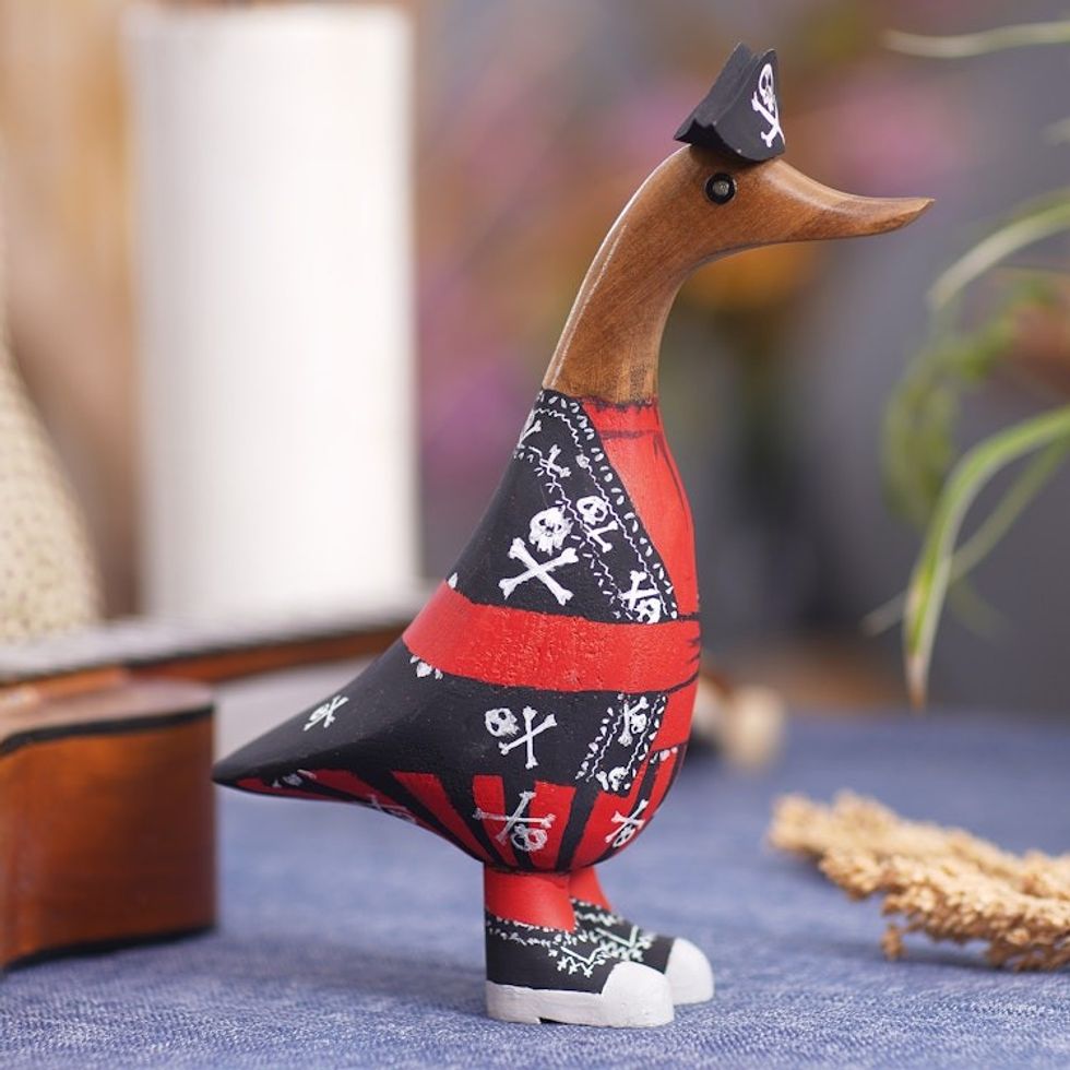 Bamboo and Teak Wood Duck Sculpture in Pirate Garments 'Pirate Duck'